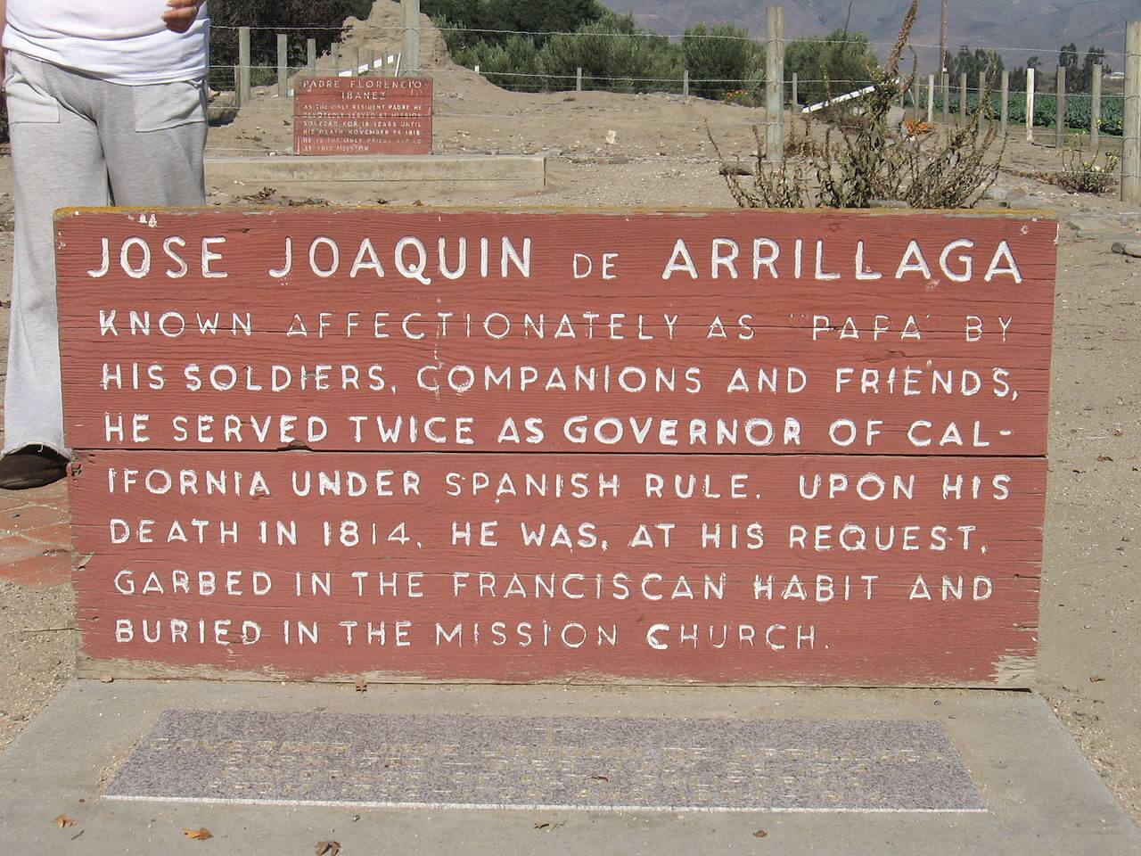 Jose Joaquin De Arrillaga's grave site located in the Mission Nuestra Señora de la Soledad, author Tolerancezero, by Wikimedia Commons, CC-BY-SA-3