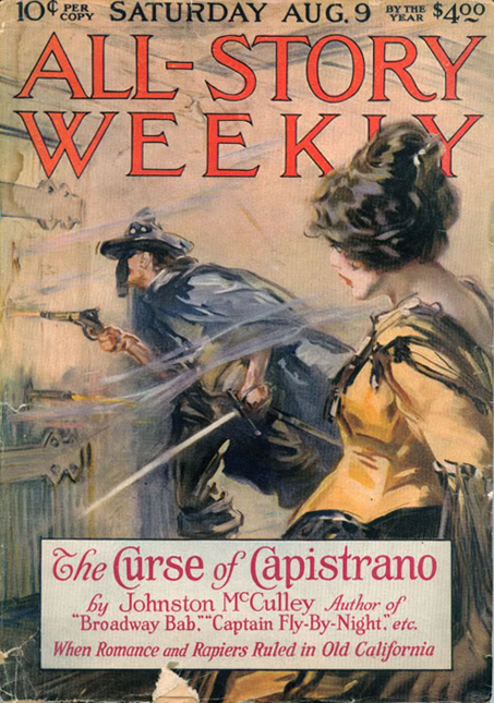 The Cover to The Curse of Capistrano by Johnston McCulley, The All-Story Magazine, August, 9, 1919